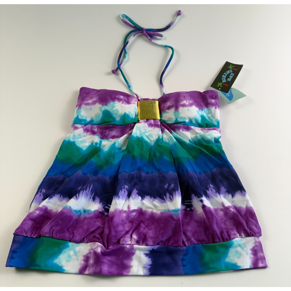 Bikini Bay Blouson Tankini Top w/ Gold Accent Blue/Purple Tie-Dye Size 14 NWT